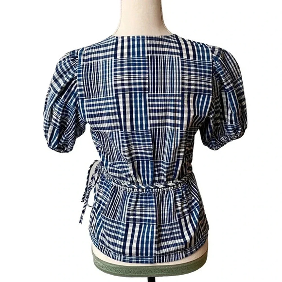 J.Crew Puff Sleeve Wrap Top Indigo Plaid Patchwork Cotton Blouse Size XS - Picture 11 of 15